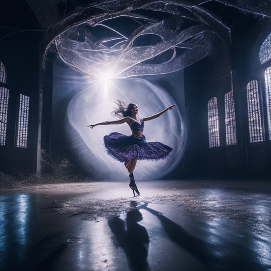 A darkened, abandoned warehouse with shattered windows, overgrown with vines, transformed into a futuristic dance stage, featuring a solo dancer in mid-air, surrounded by swirling LED lights and futuristic projections.