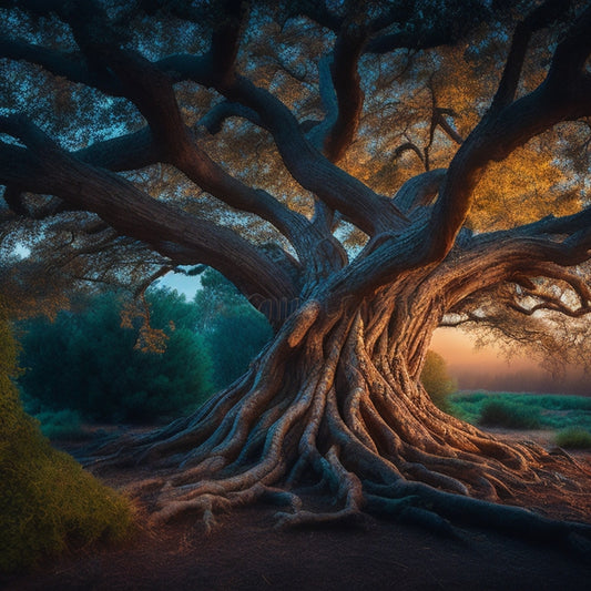 A mystical, ancient tree stands tall, its gnarled branches weaving together like threads of a tapestry, with glowing DNA helices entwined within, surrounded by whispers of forgotten memories and forgotten faces.