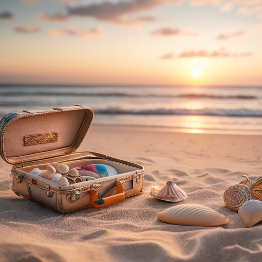 A serene beach scene at sunset with a elegant wedding arch, a few scattered seashells, and a miniature vintage suitcase in the foreground, open to reveal a wedding planner and colorful pens.