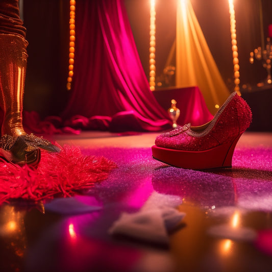 A spotlight shines down on a pair of gleaming dance shoes, surrounded by torn-up dance floors, broken mirrors, and scattered dance trophies, with a majestic, velvet-red curtain draped in the background.