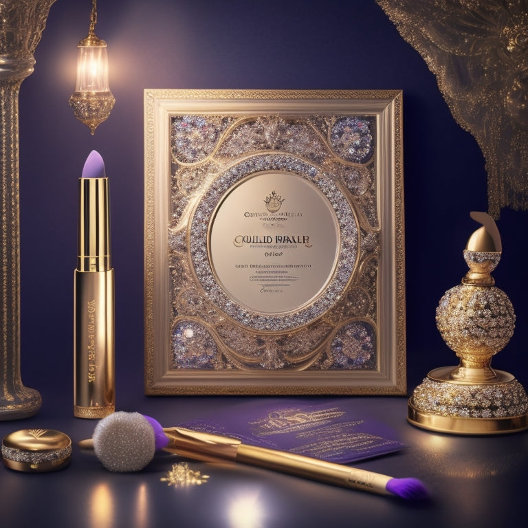 A beautifully lit, ornate golden frame holding a certificate with elegant, swirling patterns and a subtle glitter effect, surrounded by makeup brushes, lipsticks, and a few scattered diamonds.