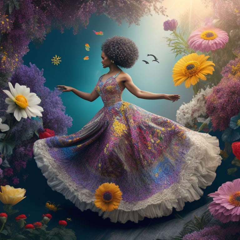 A whimsical illustration of a woman transforming from a melancholic figure with a gray aura to a vibrant, dancing silhouette surrounded by colorful flowers and swirling patterns of joy.