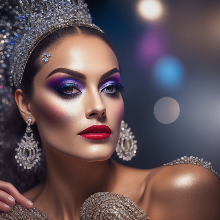 A glamorous, spot-lit dancer in a flowing, sequined costume, surrounded by makeup brushes, compacts, and glittering eyeshadows, with a mirror reflecting a flawless, radiant face.