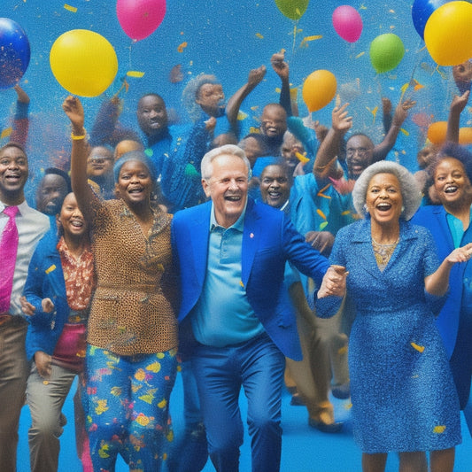 A vibrant illustration featuring a diverse group of people, ranging from children to seniors, dancing in unison, surrounded by colorful confetti, balloons, and musical notes, set against a bright blue background.