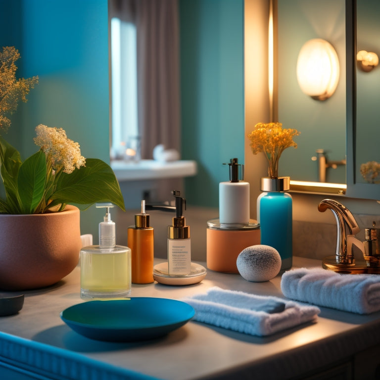 A serene bathroom scene showcasing a variety of prosthetic adhesives elegantly arranged on a countertop, with a soft-focus mirror reflecting a confident individual applying adhesive, surrounded by warm, inviting lighting and calming colors.