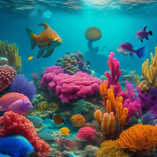 A whimsical underwater scene featuring a vintage-style diver surrounded by colorful sea creatures, including a smiling octopus, a school of fish, and a curious seahorse, amidst coral and seaweed.