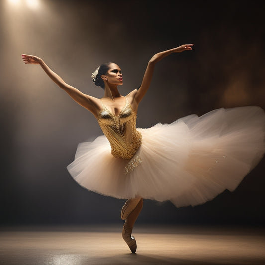 A dramatic, golden-lit portrait of Misty Copeland in mid-pirouette, surrounded by faint, ghostly images of ballet dancers from different eras, with a subtle, gradient background transitioning from dark to light.