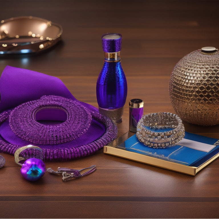 A vibrant display of essential ballroom dance accessories: stylish dance shoes, a satin hairpiece, a beaded clutch, elegant wristbands, and a sleek water bottle, all arranged on a polished wooden dance floor.