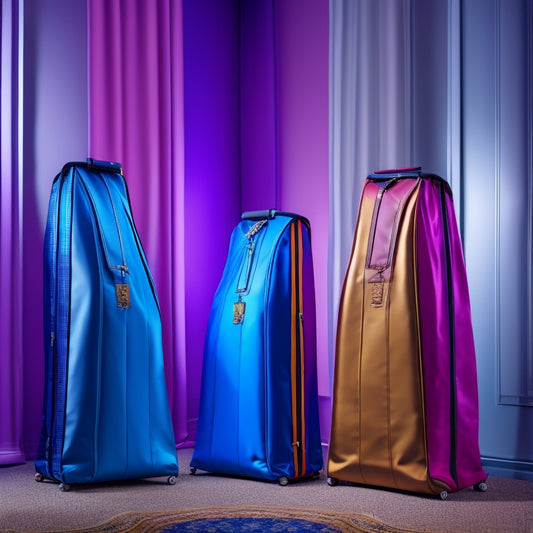 A photo of three high-quality garment bags in different sizes and colors, each containing a unique dance costume, with the bags zipped open to reveal the intricate costumes inside.