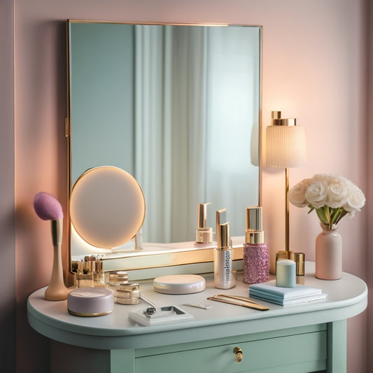 A clutter-free, well-lit makeup station with a neatly organized palette, a timer, and a few strategically placed tools, such as tweezers and a mirror, surrounded by a subtle background of soft, pastel colors.