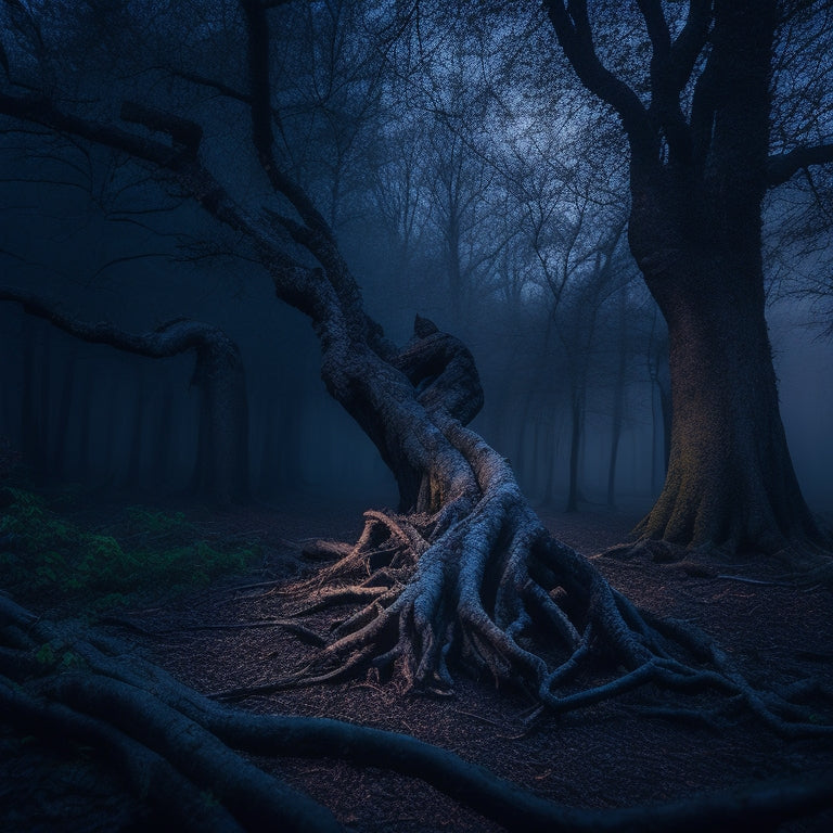 A dimly lit, eerie forest at dusk, with twisted tree branches resembling grasping fingers, surrounded by decaying leaves and faint, glowing eyes lurking in the shadows.