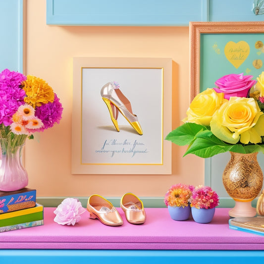 A whimsical illustration featuring a dance teacher's desk with a bouquet of flowers, a pair of ballet shoes, and a framed inspirational quote on the wall, surrounded by colorful dance-themed accessories.