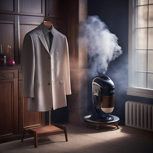 A sleek, modern clothes steamer elegantly releasing steam over a wrinkled shirt, surrounded by fresh, aromatic fabrics and a soft, inviting background of a well-organized closet filled with vibrant clothing.