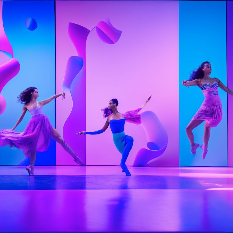 A vibrant, abstract dance-inspired background with swirling shapes in shades of pink, blue, and purple, surrounded by scattered Polaroid frames showcasing various dance styles, all set against a bright white wall.