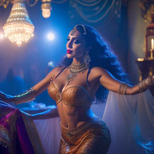 A warm-toned, softly lit studio scene featuring a belly dancer in a flowing, jewel-toned costume, surrounded by ornate Middle Eastern-inspired props, with flashes of light highlighting her dynamic movements.