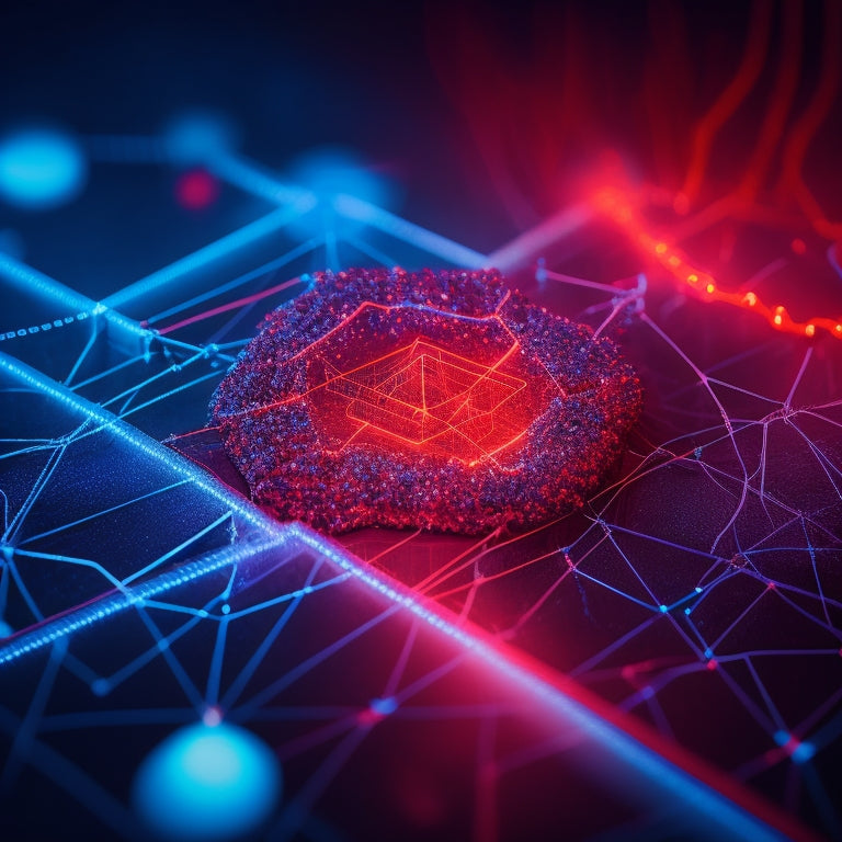 A dark, ominous background with a large, glowing blue network diagram in the center, featuring a bright red "SMB" node with cracks and warning symbols surrounding it.