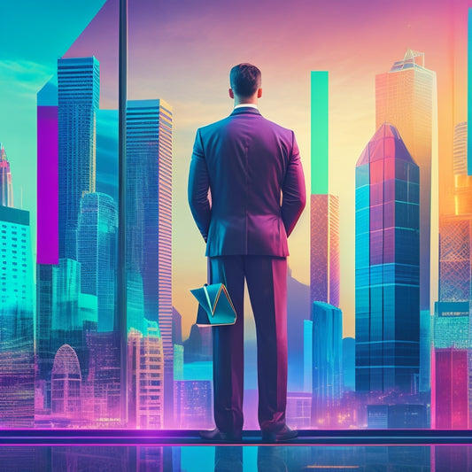 A stylized illustration of a businessman standing in front of a giant clipboard, surrounded by various colorful templates and charts, with a subtle cityscape background.