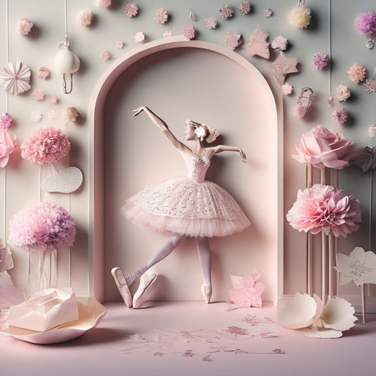 A whimsical illustration of a ballerina's silhouette, surrounded by intricate paper cutouts of ballet slippers, flowers, and musical notes, set against a soft, pastel-colored background with subtle texture.