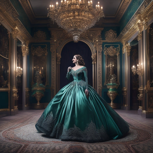 A majestic, spotlight-lit Zoe Rappaport, dressed in a flowing, emerald green gown, stands confidently in a grand, ornate theatre, surrounded by velvet curtains, with one hand dramatically raised.