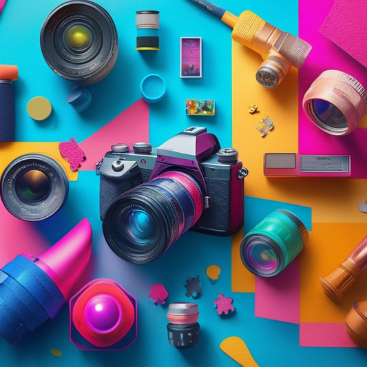 A colorful, abstract illustration featuring a mix of camera lenses, paintbrushes, and puzzle pieces, blending digital and artistic elements, set against a muted, gradient background.