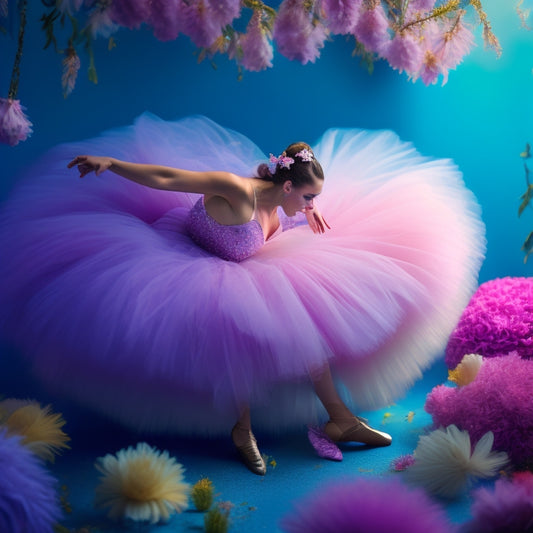 A whimsical illustration of a ballet dancer's tutu transforming into a blooming flower, surrounded by delicate ballerina silhouettes, amidst soft, feathery brushstrokes in pastel hues of pink, blue, and lavender.