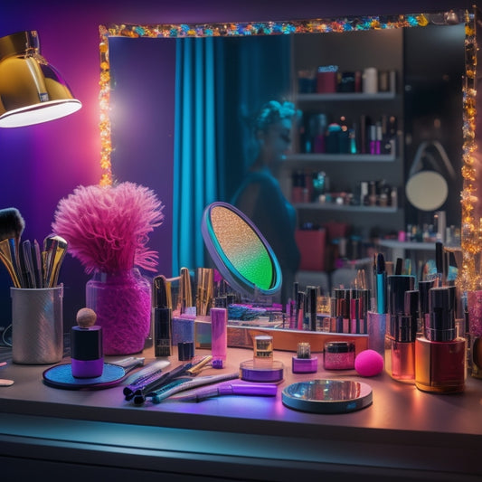 A colorful, clutter-free desk with a mirror, makeup brushes, and various cosmetics organized in a tiered storage system, surrounded by dance-inspired decorations and a few spotlight-shaped makeup lights.