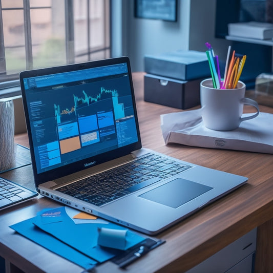 A stylized illustration of a laptop surrounded by various virtual sticky notes, diagrams, and flowcharts, with subtle hints of a collaborative workspace in the background, blending digital and real-world elements.