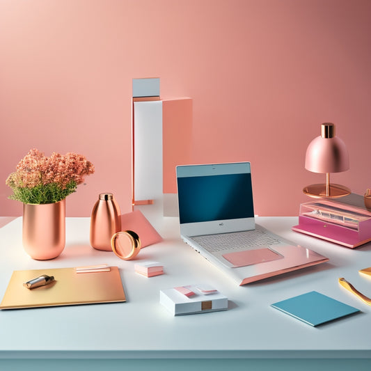 A stylized, minimalist desk scene featuring a sleek laptop, a few scattered beauty product samples, and a pair of elegant, rose-gold scissors, surrounded by subtle, pastel-hued beauty templates.