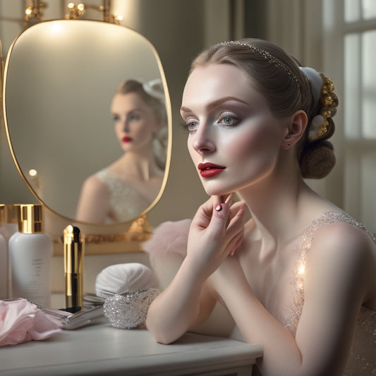 A delicate, pale-skinned ballerina sits at a vanity, surrounded by makeup brushes and palettes, with a soft, warm light casting a gentle glow on her ethereal, porcelain-like complexion.