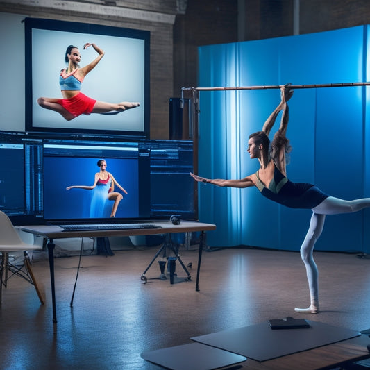 A dancer in a studio, surrounded by mirrors and ballet bars, practicing hip movements in front of a laptop with a screen displaying an online course platform.