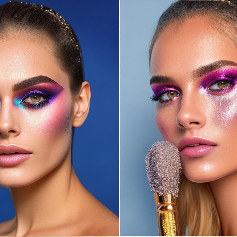 A split-screen image featuring a before-and-after transformation: a bare-faced model on the left, and on the right, the same model with a bold, glittering eye makeup design, surrounded by floating makeup brushes and palettes.