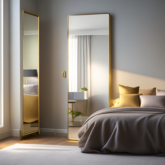 A sleek, modern corner of a bedroom with a large, floor-standing, rectangular mirror with a minimalist gold frame and rounded edges, reflecting a stylishly decorated room with soft, warm lighting.