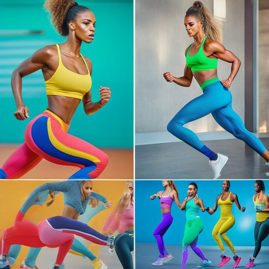 A vibrant, dynamic scene featuring diverse athletes in sleek, sweat-free moisture-wicking leggings, performing various workouts in a bright gym environment, showcasing flexibility, movement, and comfort, with a focus on fabric texture and color.