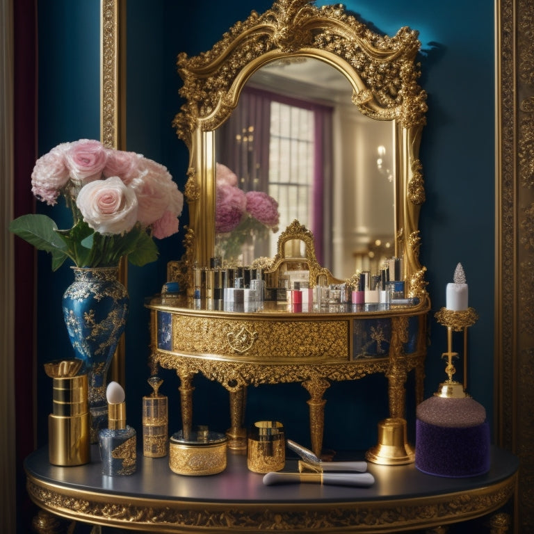 A elegant, ornate makeup station with a velvet-covered stool, surrounded by Ben Nye products, brushes, and a majestic, golden-framed mirror reflecting a flawless, porcelain-doll-like face.