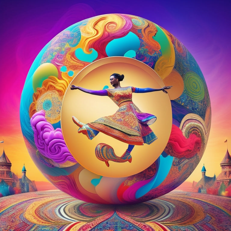 A colorful, energetic illustration of a dancing figure in the center, surrounded by swirling shapes and patterns, with a subtle globe in the background, conveying global connection and movement.