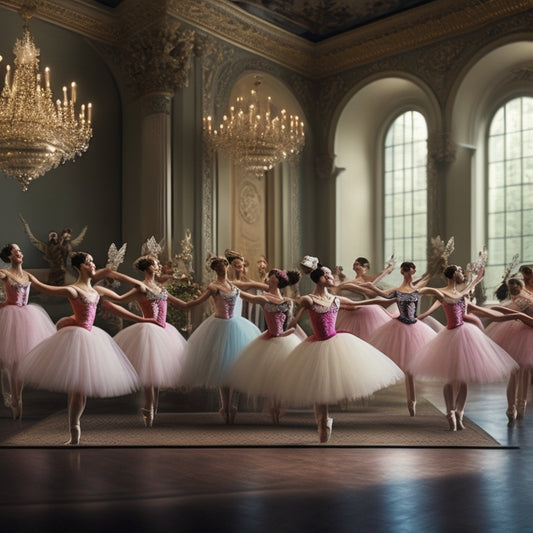 A whimsical illustration of a grand, ornate ballet studio with dancers of diverse ages and skin tones in various ballet poses, surrounded by floating pointe shoes and fluttering ballet slippers.