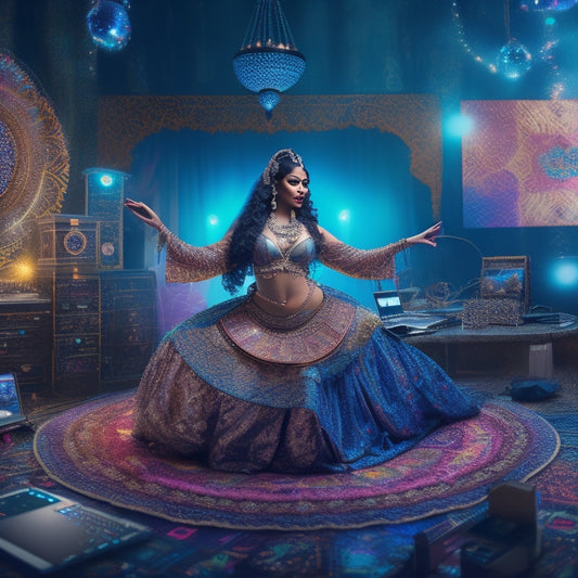 A whimsical illustration of a belly dancer surrounded by digital devices, with swirling patterns and fabrics flowing from her hips, amidst a backdrop of coding screens and virtual dance floors.