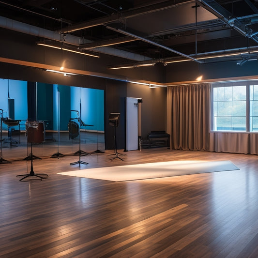 An image of a modern dance studio with professional-grade equipment including a Marley floor, ballet bars, mirrors, a sound system, and a floor-to-ceiling curtain with a dramatic lighting setup.