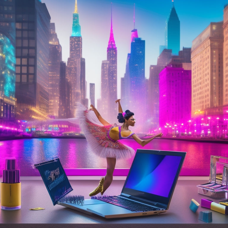 A colorful, whimsical illustration of a dancer in front of a laptop, surrounded by makeup brushes, mirrors, and dance shoes, with a blurred cityscape or dance studio in the background.