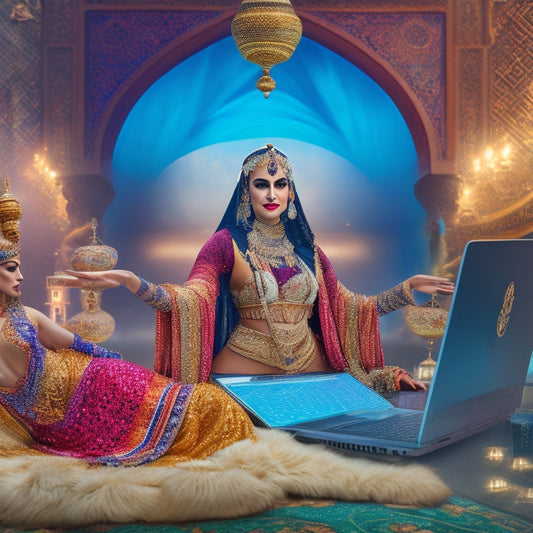 A whimsical illustration of a belly dancer in a flowing, shimmering costume, surrounded by laptops and tablets displaying online course platforms, amidst a background of intricate Middle Eastern patterns and Arabic calligraphy.