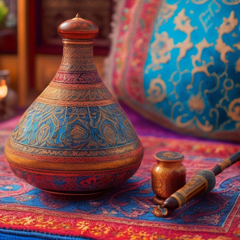 An intricately patterned oud, surrounded by swirling Arabic calligraphy, rests on a vibrant Persian rug, with a subtle background of Middle Eastern architecture, conveying the rich cultural heritage of rhythmic music.
