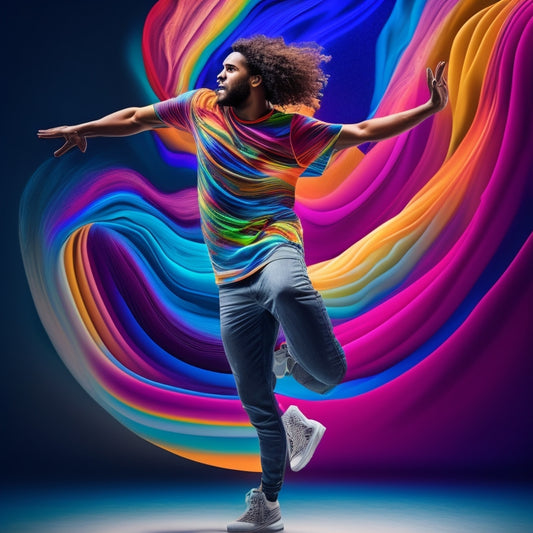 A vibrant illustration of a person dancing in front of a giant t-shirt, with colorful, swirling patterns and shapes emanating from their body, merging with the shirt's fabric.