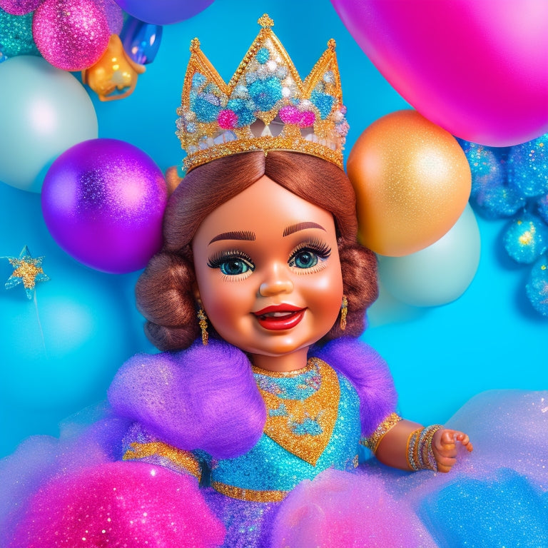 A whimsical illustration of Amina Doll, a bright-eyed and smiling doll with sparkling tiara and glittery outfit, surrounded by swirling glitter, rainbow-colored balloons, and confetti, set against a soft, cloudy blue background.