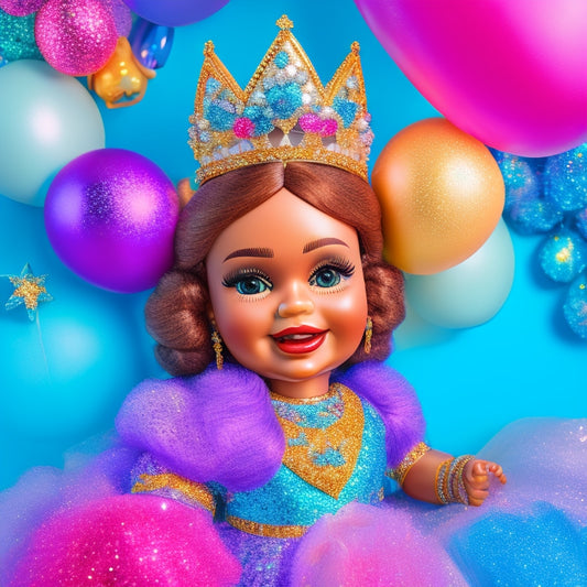 A whimsical illustration of Amina Doll, a bright-eyed and smiling doll with sparkling tiara and glittery outfit, surrounded by swirling glitter, rainbow-colored balloons, and confetti, set against a soft, cloudy blue background.