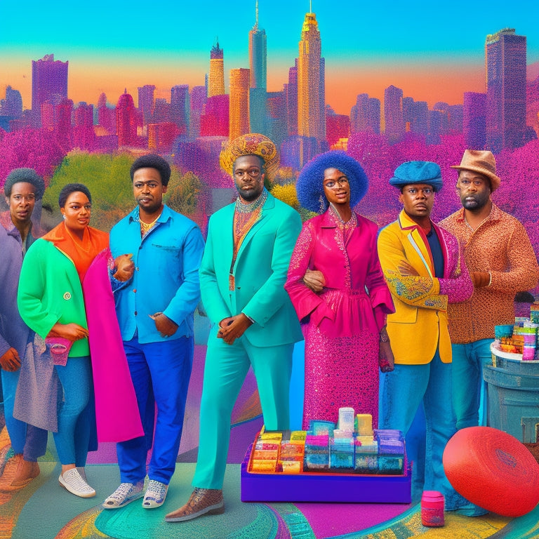 A vibrant, stylized illustration depicting a diverse group of artists from different cultural backgrounds standing together, surrounded by colorful art supplies, with a cityscape or urban landscape in the background.