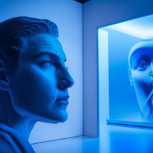 A dimly lit, futuristic gallery space with gleaming white walls, where a colossal, hyper-realistic sculpture of a distorted human face looms large, surrounded by eerie, pulsing blue light.