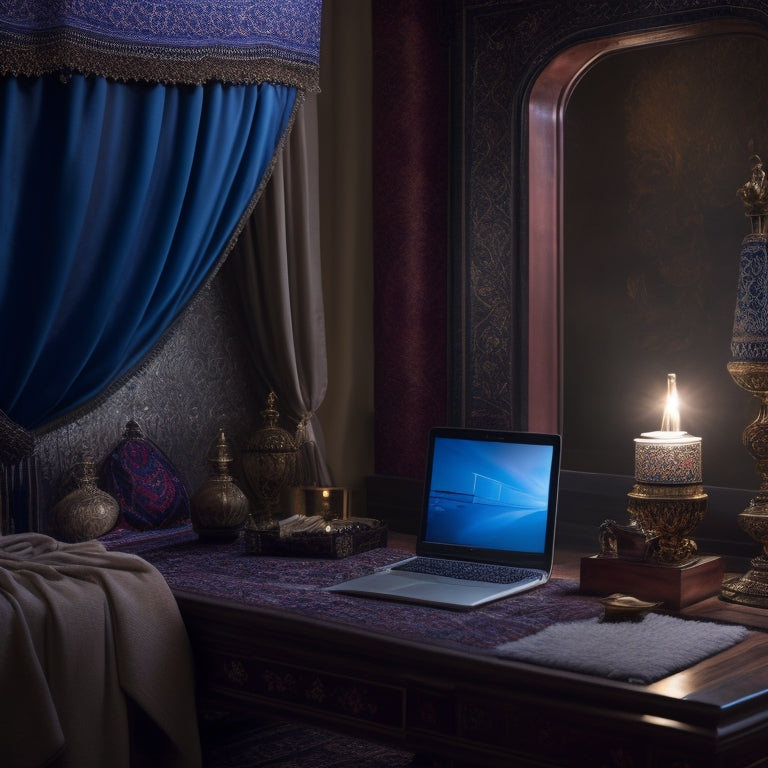 A serene, dimly lit room with a single, ornate mirror, a laptop on a velvet-draped table, and a few scattered scarves, with a subtle Middle Eastern-inspired pattern on the walls.