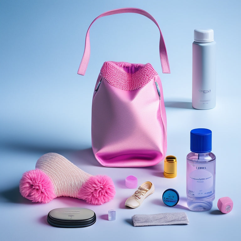 A clutter-free dance bag with a pair of pointe shoes, dance sneakers, and a water bottle, surrounded by scattered dance-themed items like a hair tie, bobby pins, and a mini first-aid kit.