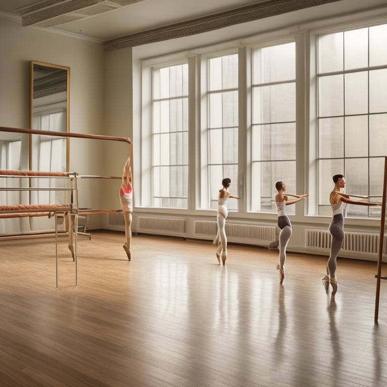 A ballet studio interior with a wooden barre mounted on a wall at varying heights, with a ballet dancer in different poses, measuring tape, and a level, surrounded by mirrors and a polished floor.