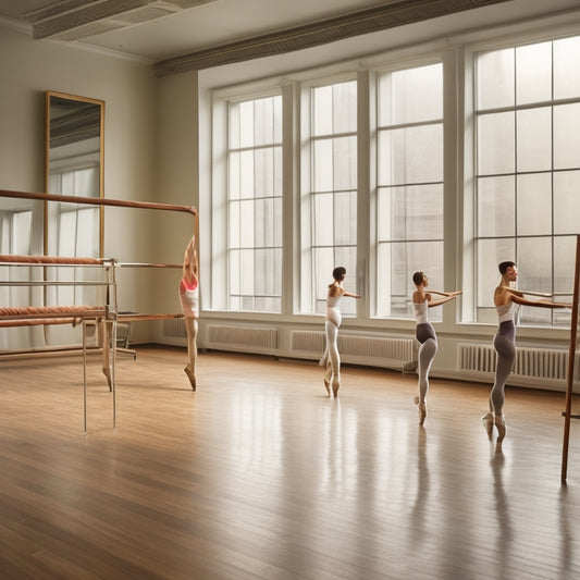 A ballet studio interior with a wooden barre mounted on a wall at varying heights, with a ballet dancer in different poses, measuring tape, and a level, surrounded by mirrors and a polished floor.